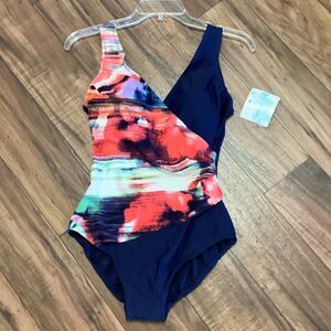 Swimsuits for All Beach Belle V-neck Surplice Rouged One Piece Swimsuit Blue 10